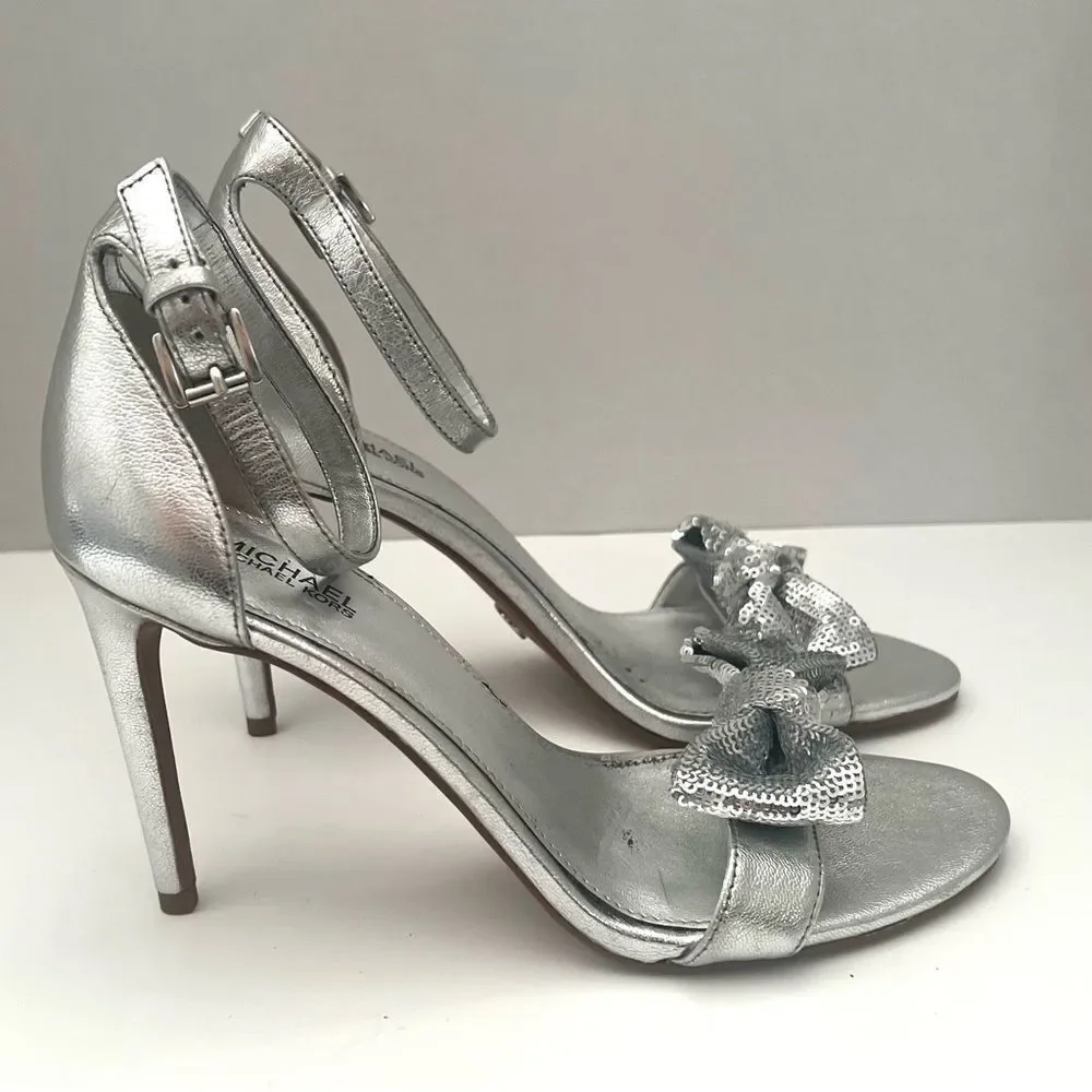 Michael Kors Paris Leather Stiletto‎ Heels Womens 7 Silver Metallic Bow Designer
